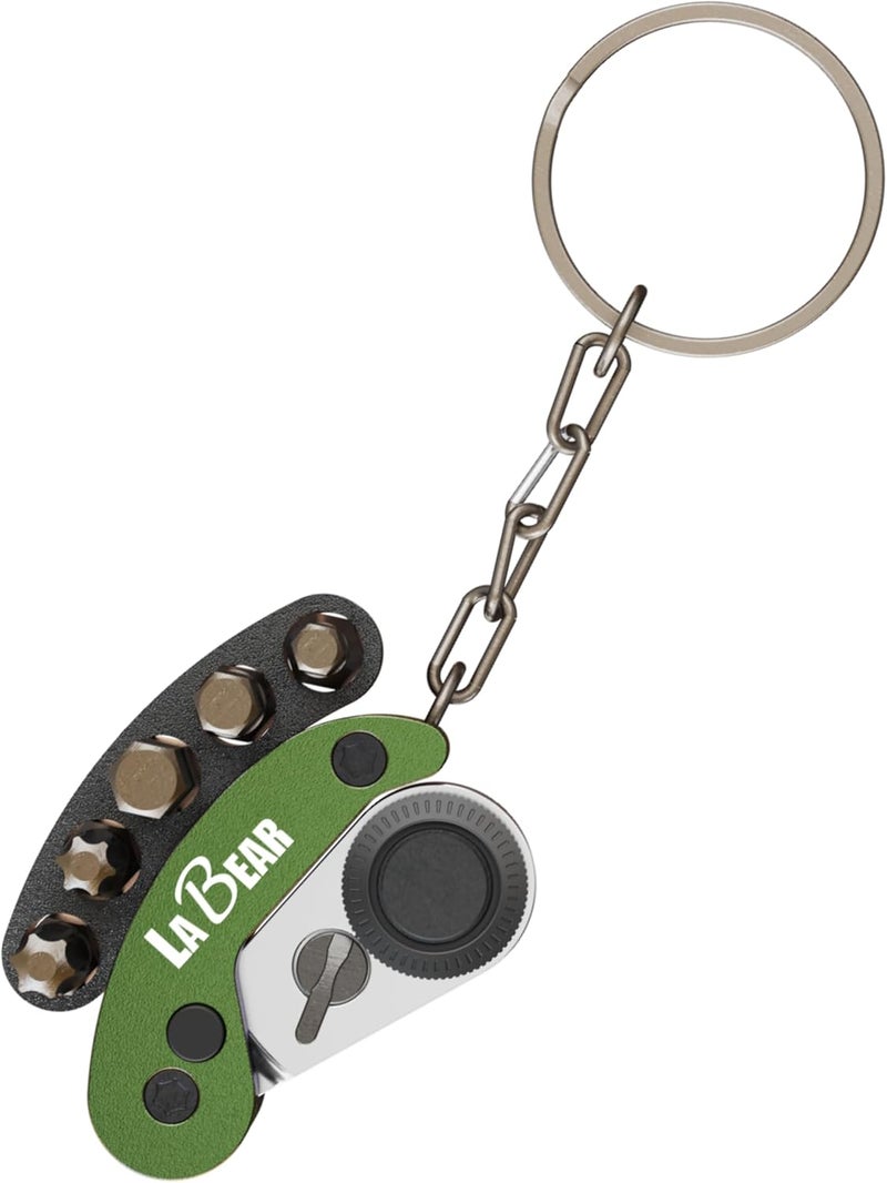 LABEAR - Green Mini Folding Ratchet Screwdriver Set, 72-Tooth Reversible Pocket Ratchet Wrench with Magnetic, EDC Keychain Tool with 5pcs Bits (H4 H5 H6 T25 T30) for Bike, Car, Home Repair - Image 1